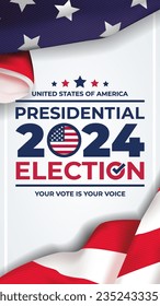 Vertical illustration vector graphic of united states flag, presidental election and year 2024 perfect for election day in united states, united states flag