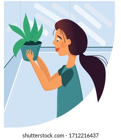 
Vertical illustration of a young woman arranging flower pots on the balcony in vector.