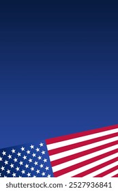 A vertical image with a blue background and a portion of the American flag diagonally positioned in the bottom