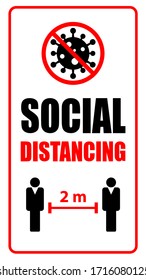 Vertical image : covid-19 safety and warning sign. SOCIAL DISTANCING of 2m and stop coronavirus COVID-19 icon symbol. trendy motivation modern illustration.