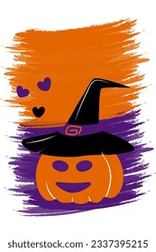 Vertical image of a Halloween pumpkin in witch hat on brush stroke abstract background. Copy space.