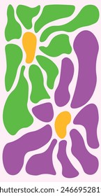 Vertical image of two groovy or psychedelic green and purple flowers