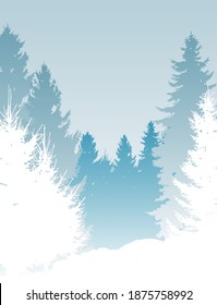 Imagen vertical de un bosque de invierno. Paisaje de montañas con nieve, árboles, pinos. Tarjetas de invierno de fondo. Árboles cubiertos de nieve en el fondo de las montañas. Bosque. Resumen de ilustración minimalista.
