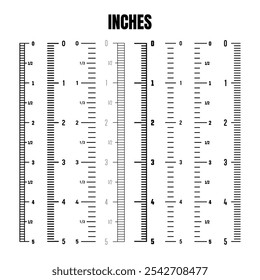 Vertical inch scale for measuring length or height. Various measurement scales with divisions. Ruler, tape measure marks, size indicators. Vector illustration