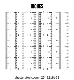 Vertical inch scale for measuring length or height. Various measurement scales with divisions. Ruler, tape measure marks, size indicators. Vector illustration