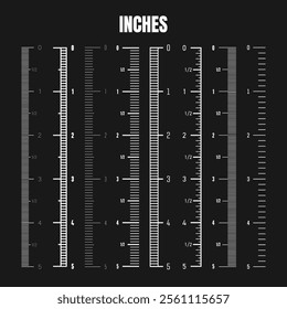 Vertical inch scale for measuring length or height. Various measurement scales with divisions. Ruler, tape measure marks, size indicators. Vector illustration