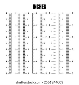 Vertical inch scale for measuring length or height. Various measurement scales with divisions. Ruler, tape measure marks, size indicators. Vector illustration