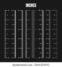 Vertical inch scale for measuring length or height. Various measurement scales with divisions. Ruler, tape measure marks, size indicators. Vector illustration