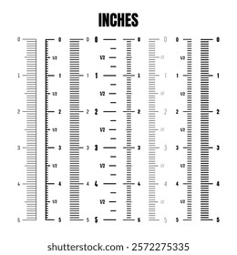 Vertical inch scale for measuring length or height. Various measurement scales with divisions. Ruler, tape measure marks, size indicators. Vector illustration