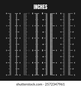 Vertical inch scale for measuring length or height. Various measurement scales with divisions. Ruler, tape measure marks, size indicators. Vector illustration