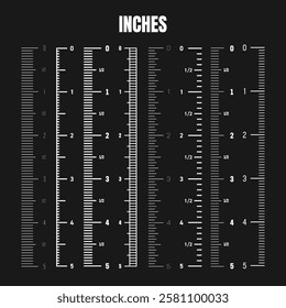 Vertical inch scale for measuring length or height. Various measurement scales with divisions. Ruler, tape measure marks, size indicators. Vector illustration