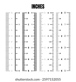 Vertical inch scale for measuring length or height. Various measurement scales with divisions. Ruler, tape measure marks, size indicators. Vector illustration