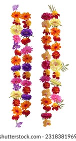 Vertical Indian garlands hanging as religion holiday decor: aster, chrysanthemum, gerbera, daisy, marigold, orchid flowers. Buddhist traditional ornamentation. Illustration in watercolor style, vector