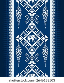 Vertical Indigo azul e branco sem costura elefante padrão de arte, design têxtil étnico tradicional com diamante e motivos decorativos, impressão de tecido cultural