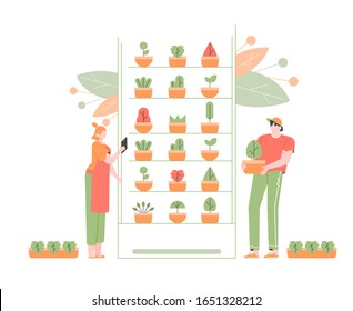 Vertical indoor farming. Growing crops in vertically stacked layers. Wall plant growth, soilless farming techniques. Hydroponics and aeroponics. Farmers characters work with potted plants. Vector flat