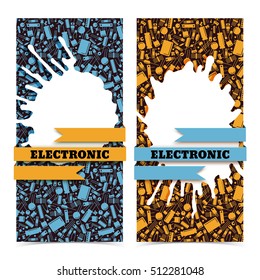 Vertical industrial banners set with electronic elements white blots and ribbons isolated on white background flat vector illustration