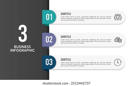 Vertical infografía 3 pasos Plantilla de diseño. Presentación del negocio, hito, cronograma, hoja de ruta y planificación. Ilustración vectorial.