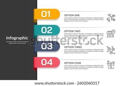 Vertical infographic 4 Options template. Information, Strategy, Data, Plan, Report and Presentation. Vector illustration.