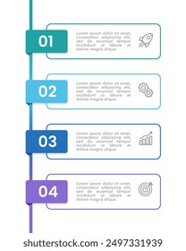 Vertical Infografía 4 pasos para el éxito. Presentación de negocios, cronología, planificación y estrategia. Ilustración vectorial.