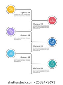 Vertikale Infografik 6 Optionen zum Erfolg. Geschäftspräsentation, Banner, Poster, Plan, Strategie und Marketing. Vektorgrafik.