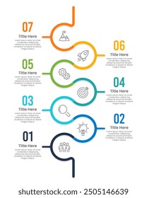 Vertical Infographic 7 Steps to Success. Infographic curve line design template. Business presentation, Planning, Brochure, Marketing and Timeline. Vector illustration.