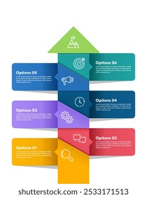 Vertical infographic with up arrows with 6 steps to success. Business presentation, Banner, Brochure and Strategy. Vector illustration.