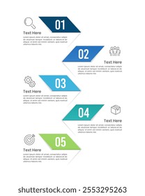 Vertical infographic with arrows arranged in alternating left and right order, consisting of numbers and information. Presentation, Plan and Strategy. Vector illustration.