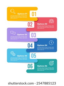 Infográfico vertical com rótulos coloridos, 6 passos para o sucesso. Apresentação de negócios, relatório, dados, banner, marcos e plano. Ilustração vetorial.