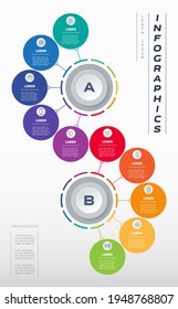 Vertical Infographic consisting of 2 segments and 10 parts. Business presentation with options. Brochure design template with vertical inscription. Technological or education process with ten steps.