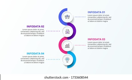 Vertikale Infografik Vorlage mit vier Kreiselementen und Zickzack. Konzept von 4 Stufen der Geschäftsstrategie. Saubere Vektorgrafik für die Präsentation.