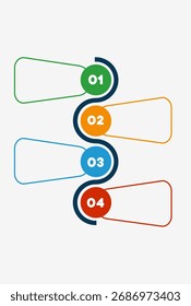 Un elemento de infografía de Vertical con cuatro círculos numerados y coloridos (1-4) conectados por una línea ondulada, cada uno con un cuadro de texto en blanco para información.