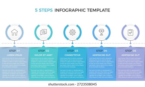 Infográfico vertical com cinco círculos para ícones e painéis coloridos passo, mostrando um processo estruturado em cinco estágios