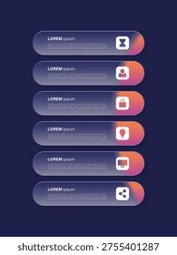 Vertical infographic label design template with icons and 6 options or steps. Process diagrams, presentation layout with matte glass effect.
