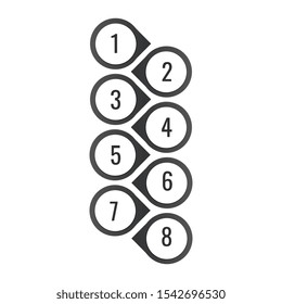 Vertical Infographic with location marker or map pins. 8 options. Stock Vector illustration isolated on white background