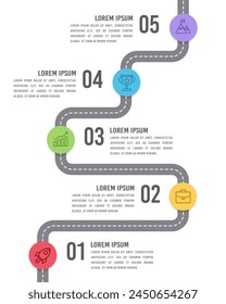 Vertikale Infografik des Weges zur Vorlage des Erfolgsdesigns. Roadmap, Milestone, Timeline und Präsentation. Vektorillustration.