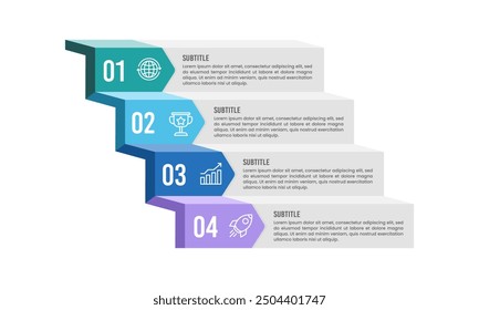 Vertical infographic stair with arrow design template. 4 options for business. Business presentation, Planning, Marketing, and Information. Vector illustration.