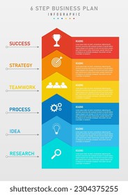plantilla de infografía vertical 6 pasos en la planificación de negocios para el éxito Iconos cuadrados multicolor y letras blancas. círculo con flecha izquierda sobre fondo de gradiente gris limpio