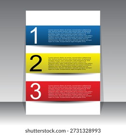 Vertical Infografía Plantilla. Diseño Abstractas de volante o portada: secciones azules, amarillas y rojas con texto de muestra y números de paso. Una Plantilla de infografía orientada verticalmente dividida en tres secciones Horizontales, cada una con un color de fondo en negrita, azul, amarillo y rojo, con números de paso Grandes (1, 2, 3) alineados a la izquierda. Cada sección contiene bloques de texto de ejemplo en blanco, lo que hace que el diseño sea ideal para guías paso a paso, explicaciones de procesos, contenido educativo o Materiales promocionales. La estructura limpia y el esquema de colores vibrantes crean una composición visualmente atractiva y profesional. Perfecto para presentaciones de negocios, gráficos instructivos y campañas de marketing.