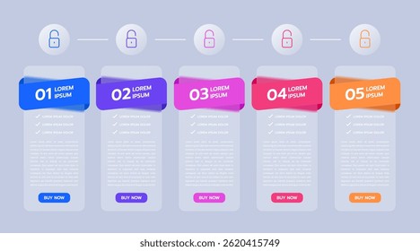 Vertical Infographic Template for Business Presentation with Colorful Modern Design Layout featuring Timeline 5 Step for Marketing Brochure, Technology Report. Glassmorphism Glasses Effect Vector.