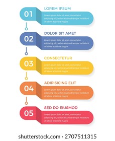 Plantilla de infografía de Vertical con cinco pasos numerados en coloridos Anuncios redondeados