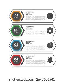 Vertikale Infografik-Vorlage mit Sechsecken und Symbolen. Vier Schritte oder Optionen Vektorgrafik-Layout