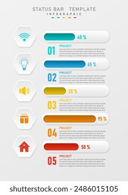 vertical infographic template Multicolored bar graph with percentage numbers The lower right side is for placing letters. The left hexagon has a multi-colored icon in the center.