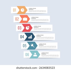 Vertical infographic template with six steps or processes. Timeline template or step-by-step instructions