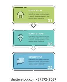 Vertical infographic with three steps, arrows and icons for workflow, presentation or business process