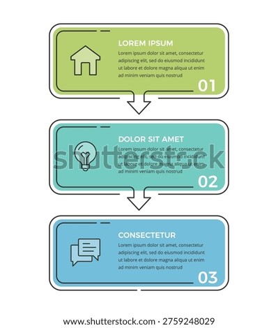 Vertical infographic with three steps, arrows and icons for workflow, presentation or business process