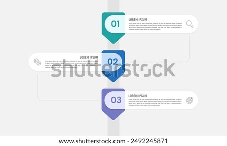 Vertical Infographic Timeline with 3 labels. Business presentation, Planning, Marketing, Strategy and Report. Vector illustration.