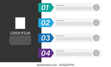 Vertical Infografía Línea de tiempo 4 pasos Plantilla. Hito, Hoja de ruta, Cronología, Presentación de negocio. Ilustración vectorial