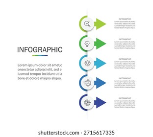 Modelo de 5 passos de linha de tempo infográfico vertical. Cronograma, apresentação de negócios. Ilustração vetorial.