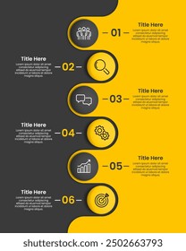 Infografía de Vertical de línea de tiempo 6 pasos u opciones sobre fondo amarillo y negro. Hitos, Hoja de Ruta, Cronología, Comparativa, Planificación y Presentación de Negocios. Ilustración vectorial.