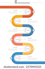 Vertical infographic timeline 6 steps or options on white background. Milestone, Roadmap, Timeline, Comparative, Planning and Business presentation. Vector illustration.